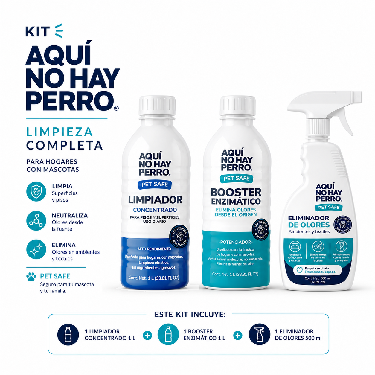 KIT AQUÍ NO HAY PERRO® — Limpieza especializada para hogares con mascotas 🐾